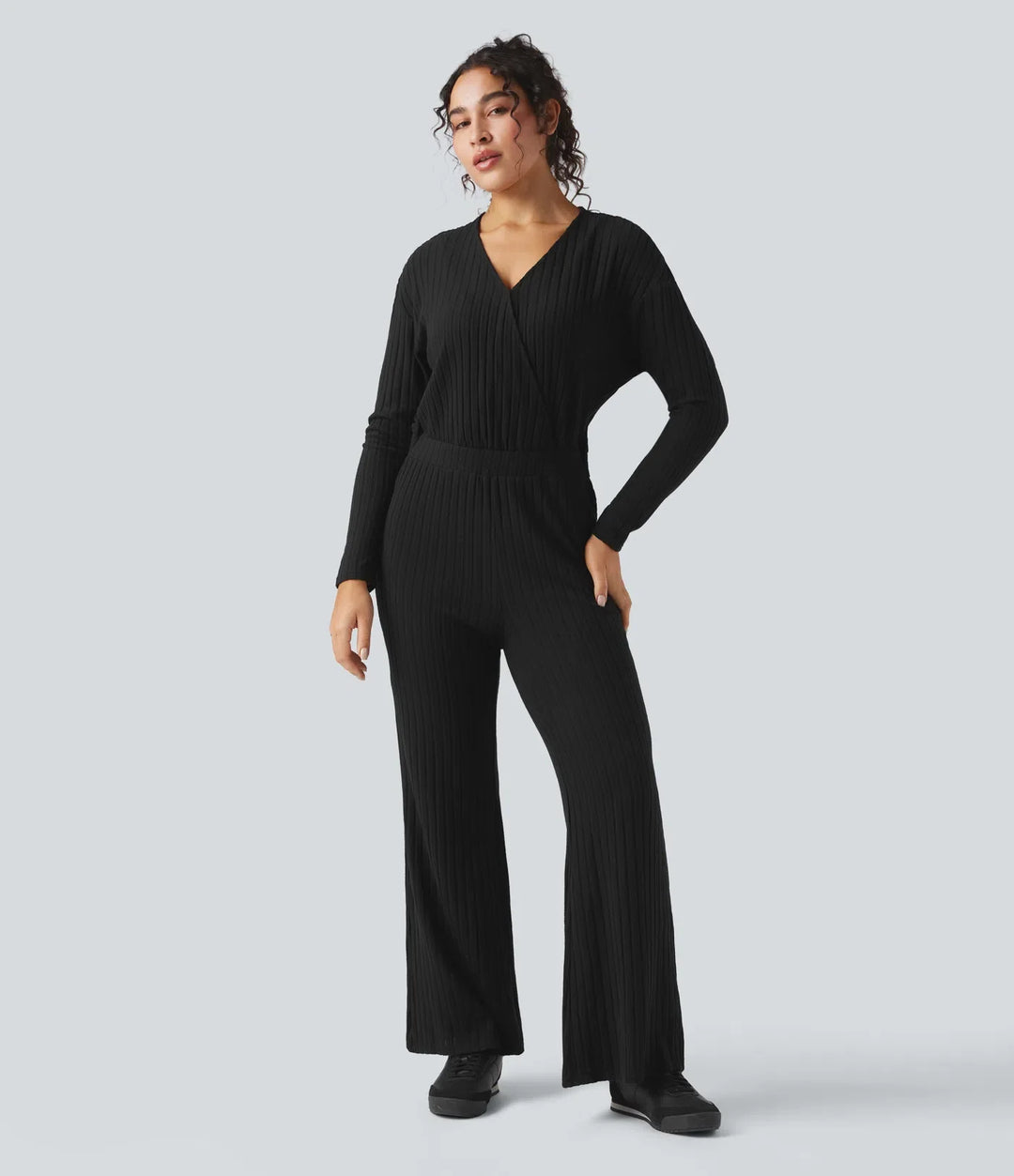 Ribbstickad V-ringad långärmad vardaglig jumpsuit-Easy Peezy