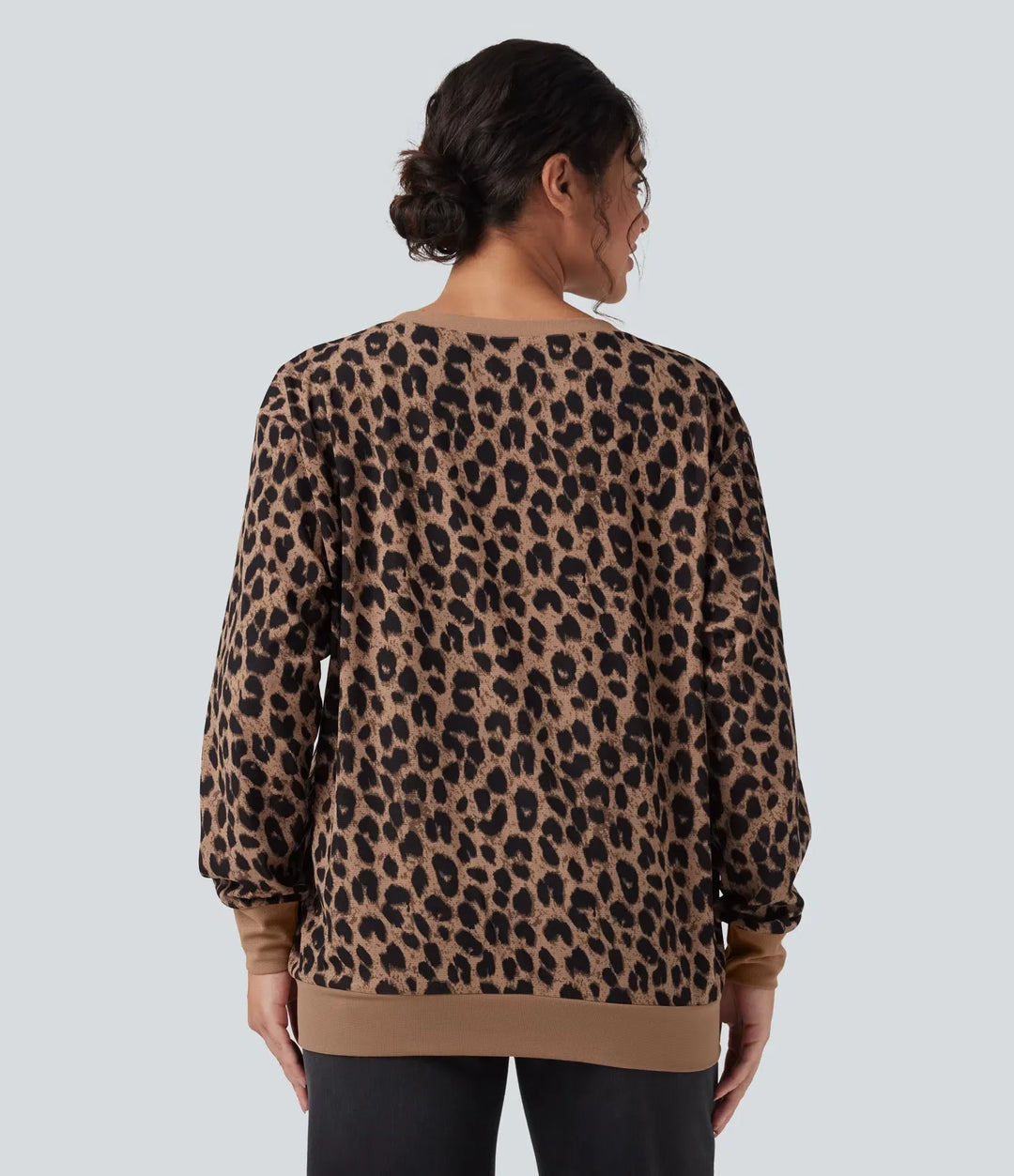 Rund hals långärmad leopard våffelstruktur oversized vardaglig sweatshirt med fickor