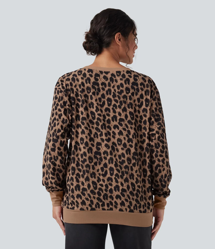 Rund hals långärmad leopard våffelstruktur oversized vardaglig sweatshirt med fickor