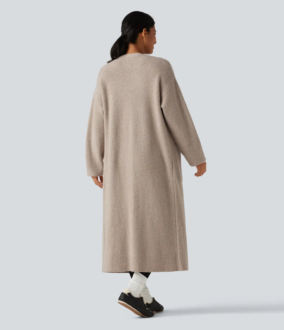 Långärmad lång modell vardaglig cardigan med fickor