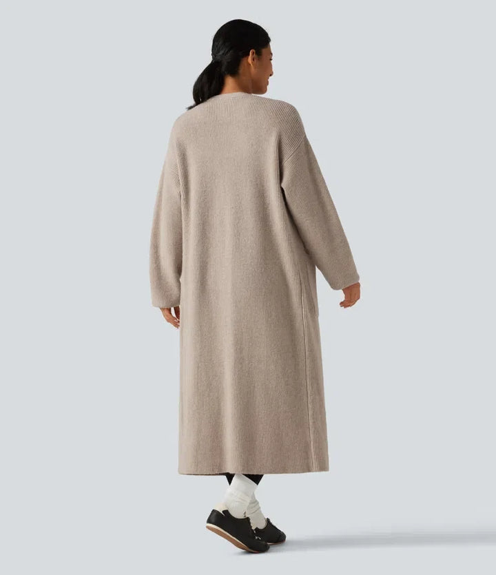 Långärmad lång modell vardaglig cardigan med fickor