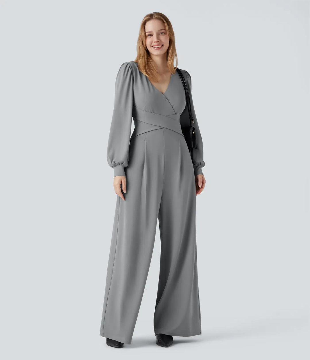 V-ringad lång puffärm crossover arbetsjumpsuit med fickor-Easy Peezy
