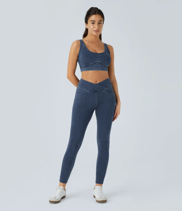 Halara Flex med hög midja, omlottmidja och fickor denim leggings för arbete