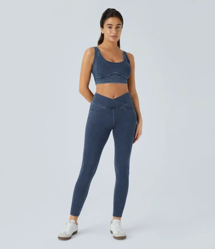 Halara Flex med hög midja, omlottmidja och fickor denim leggings för arbete