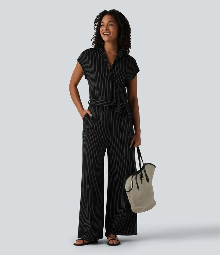Kortärmad bältad randig InstantCool arbetsskjorta jumpsuit med fickor-Easy Peezy Edition