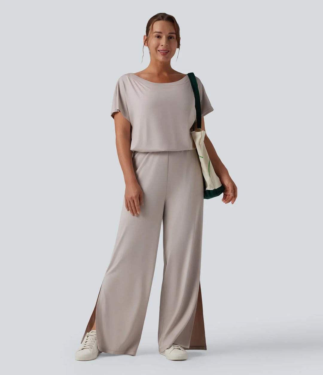 Enaxlad kortärmad slits fåll vardaglig jumpsuit med fickor-Easy Peezy
