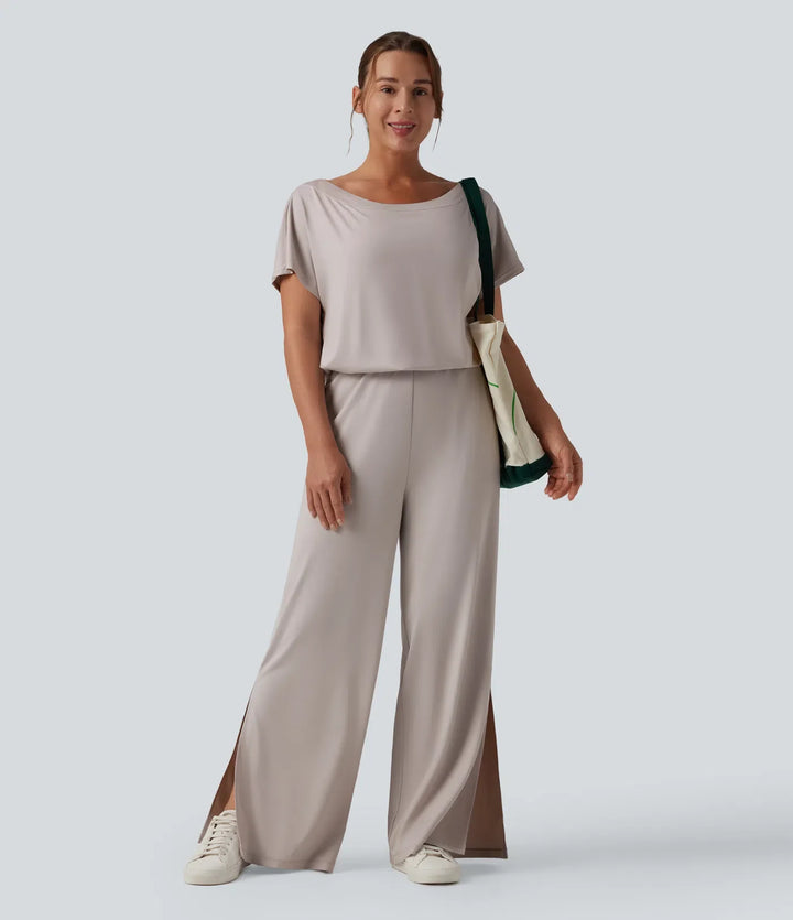 Enaxlad kortärmad slits fåll vardaglig jumpsuit med fickor-Easy Peezy