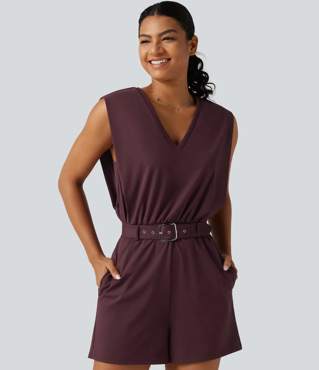 SoftlyZero luftig V-ringad ärmlös bältad InstantCool vardaglig playsuit med fickor-Easy Peezy Edition