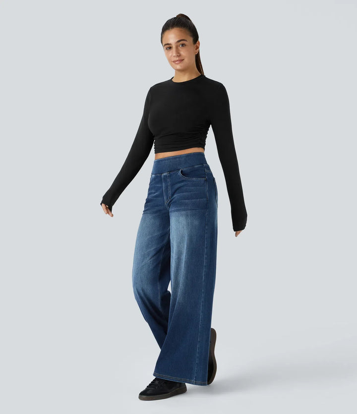 Rund hals långärmad rynkat skinny croppad vardagstopp