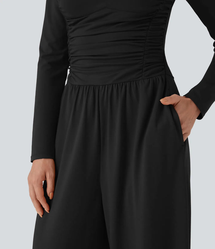 Hjärtformad urringning långärmad rynkat vardaglig jumpsuit med fickor-Easy Peezy Edition