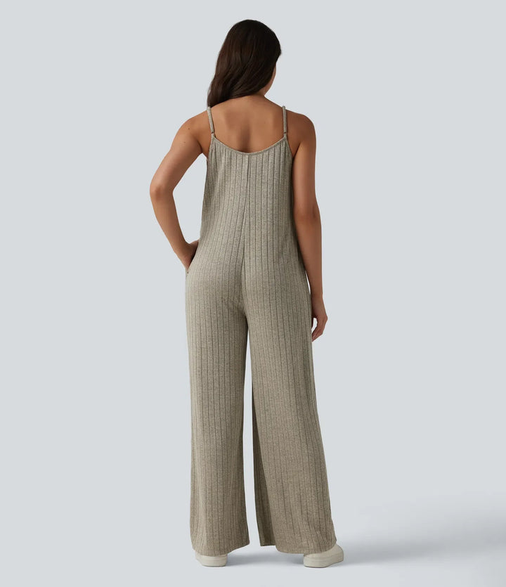 Ribbstickad V-ringad vardaglig slip jumpsuit med fickor