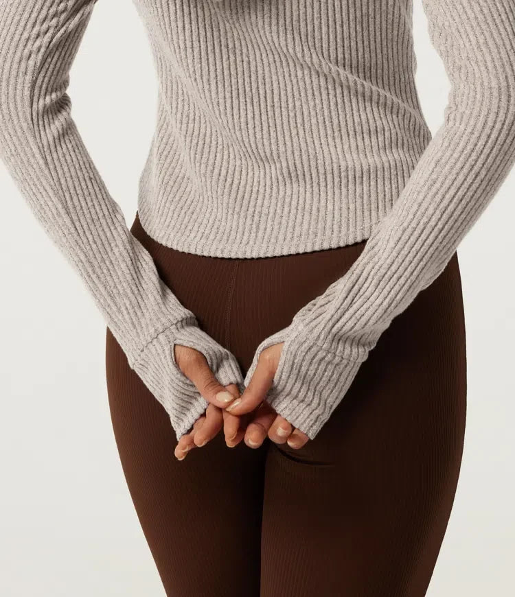 Ribbstickad med huva långärmad yogajacka med fickor