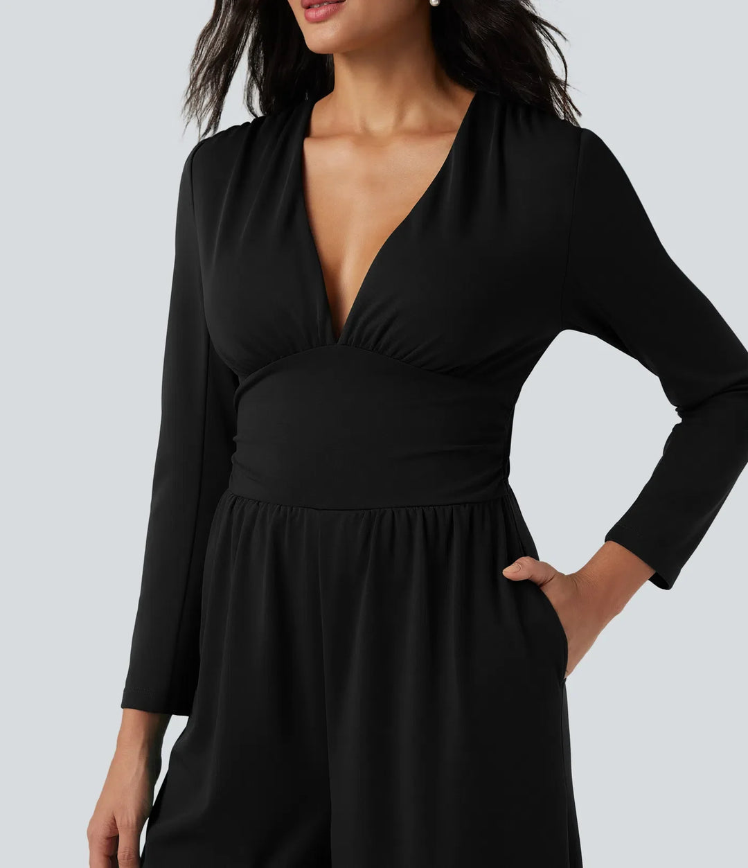 V-ringad långärmad rynkat jumpsuit med fickor-Easy Peezy Edition