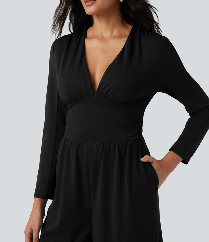 V-ringad långärmad rynkat jumpsuit med fickor-Easy Peezy Edition
