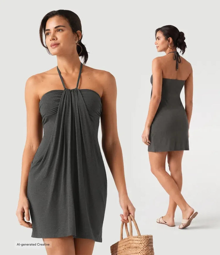 Halterneck knytband i ryggen mini semester klänning med fickor
