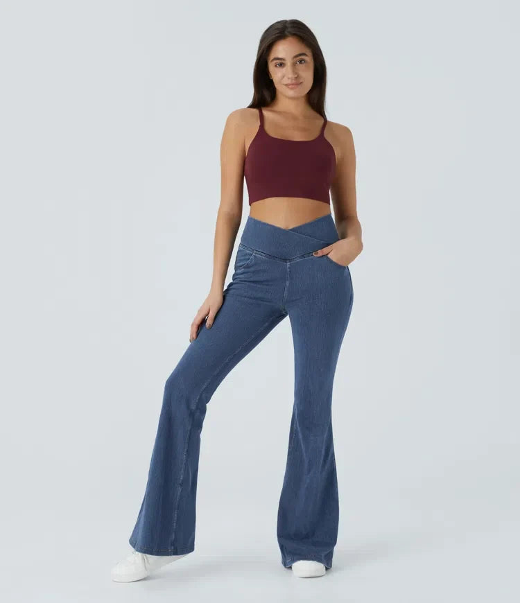 Halara Flex med hög midja, omlottmidja och ficka tvättad vardagsjeans