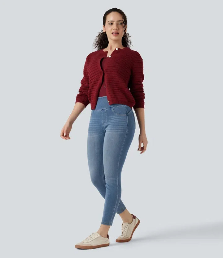 Halara Flex med hög midja rumplyftande magkontroll smal denim för vardag 7/8 leggings med fickor