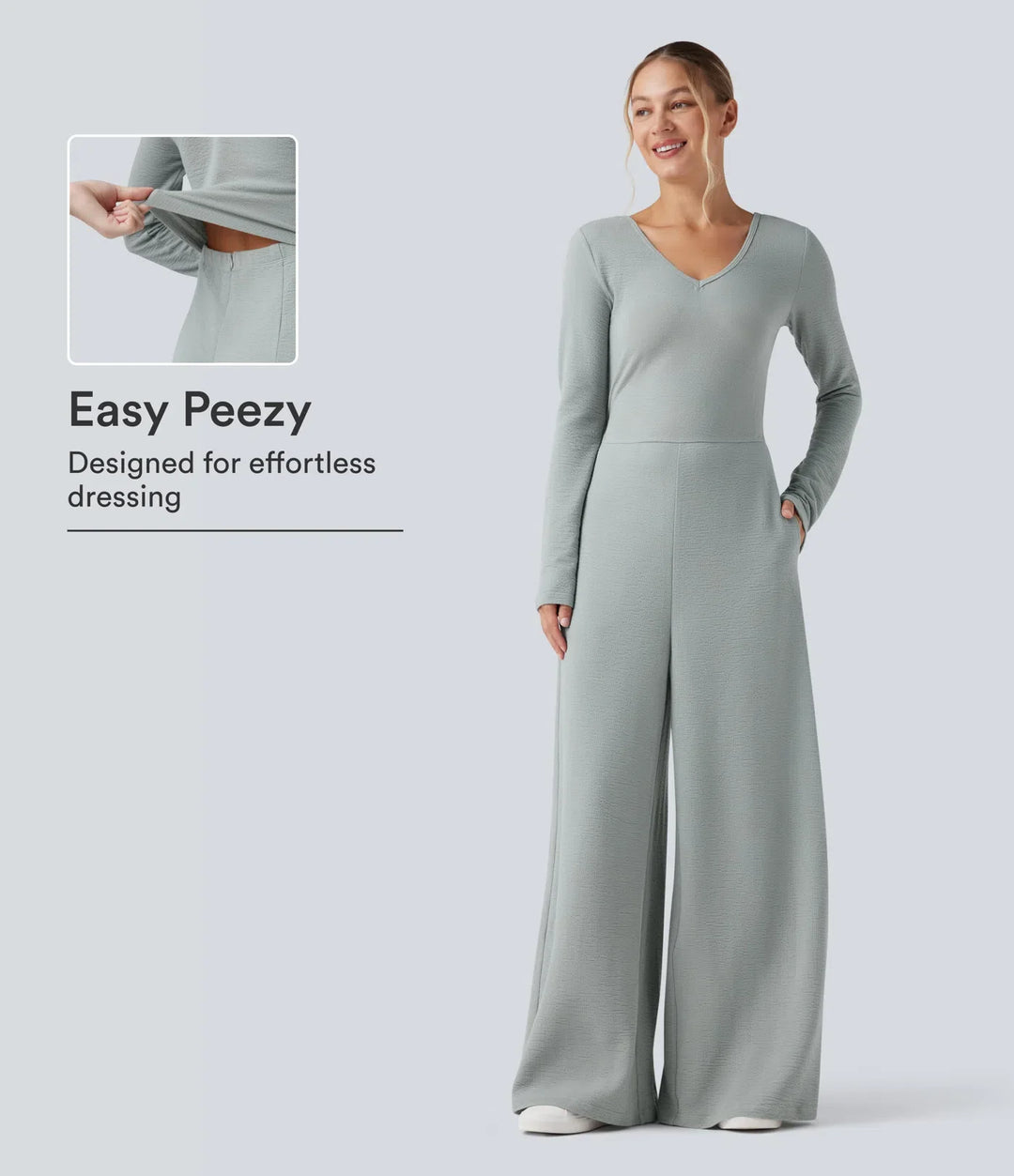 V-ringad långärmad vardaglig jumpsuit med fickor-Easy Peezy Edition