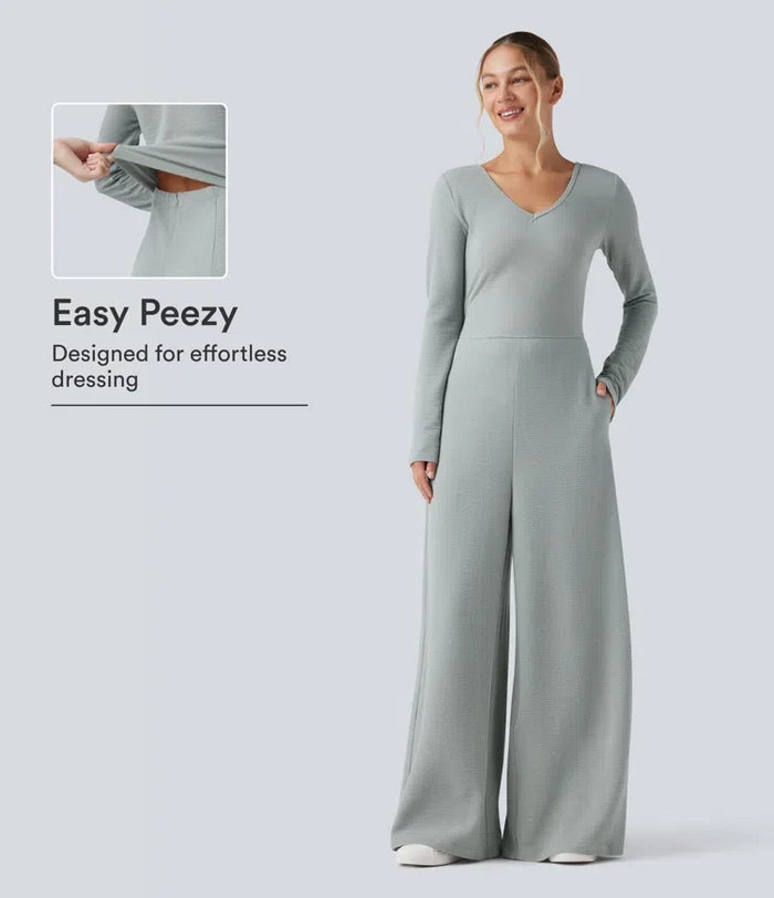 V-ringad långärmad vardaglig jumpsuit med fickor-Easy Peezy Edition