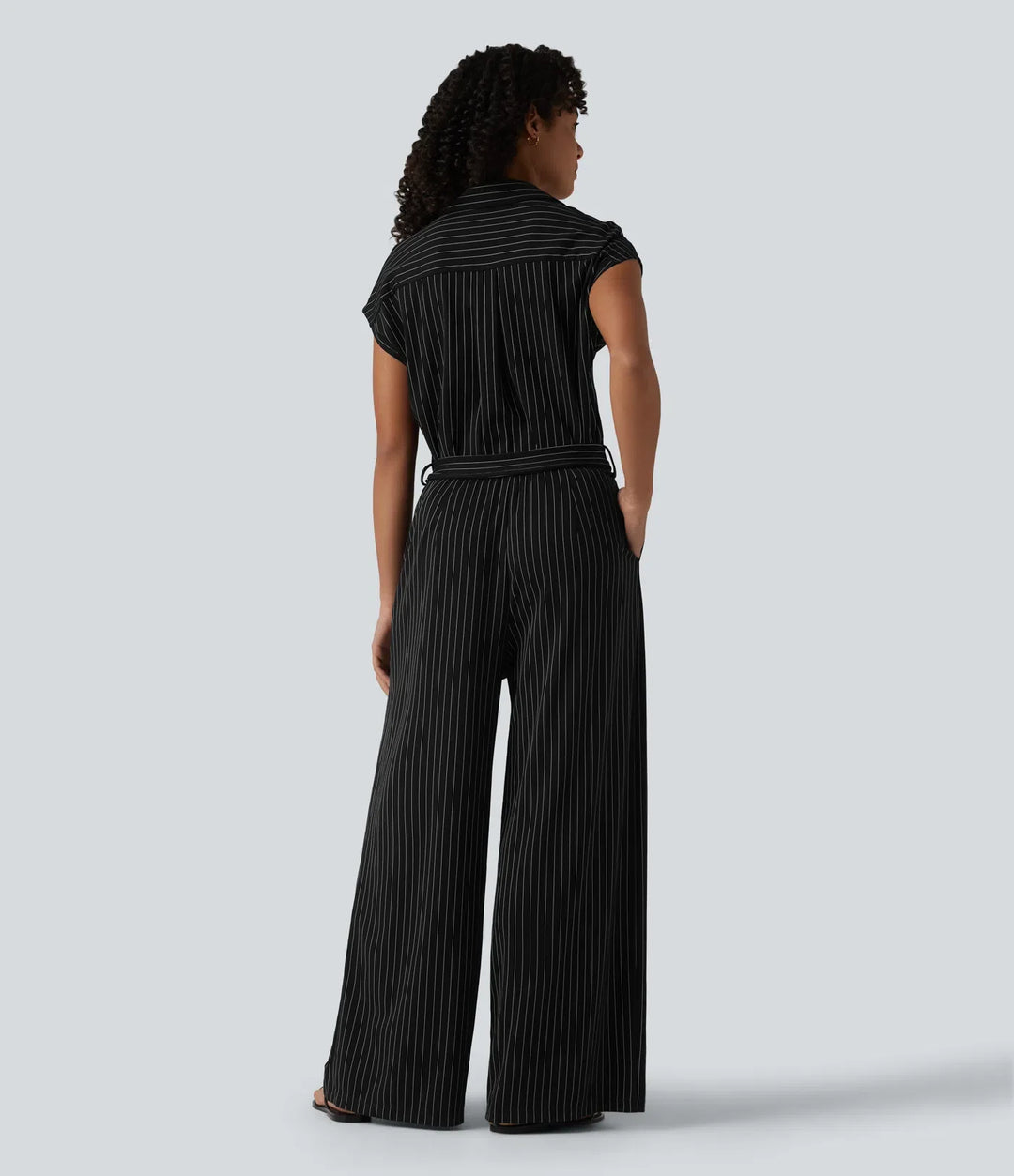 Kortärmad bältad randig InstantCool arbetsskjorta jumpsuit med fickor-Easy Peezy Edition