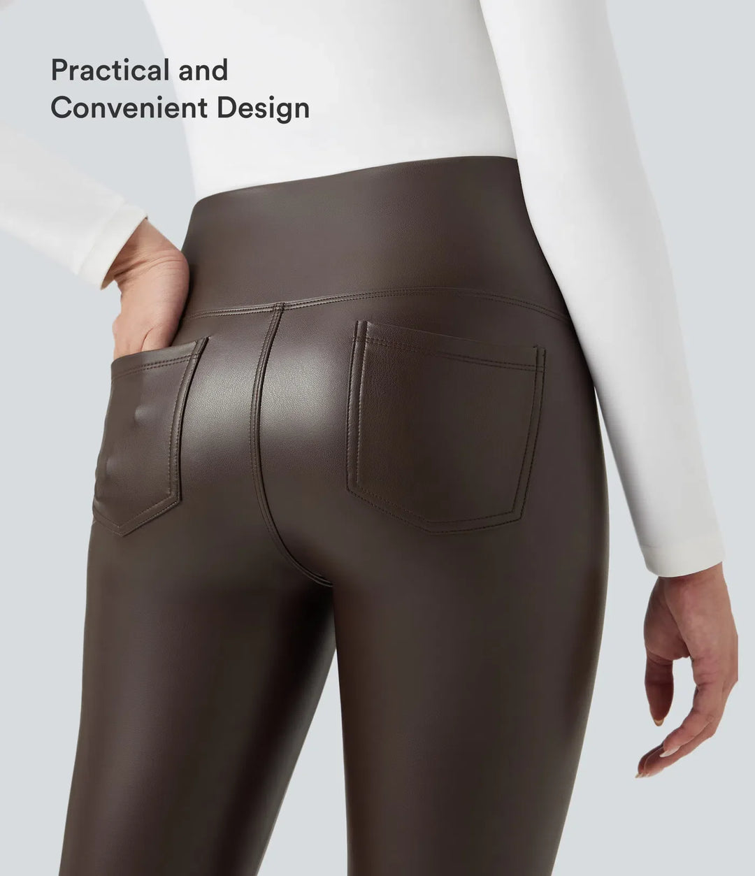 Högmidjad magkontroll stretchig PU fleece 7/8 skinny vardagsleggings med fickor