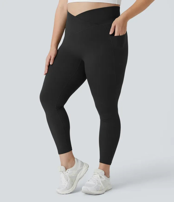 SoftlyZero med hög midja, omlottmidja och ficka enfärgad plusstorlek fullängd leggings