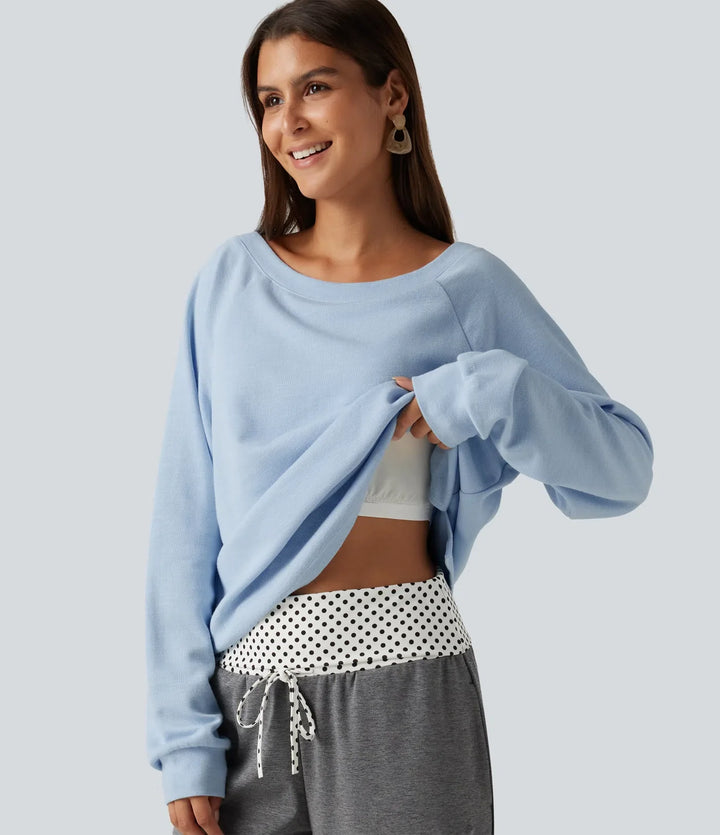 Båtringad lång raglanärm inbyggd BH vardaglig bomull sweatshirt