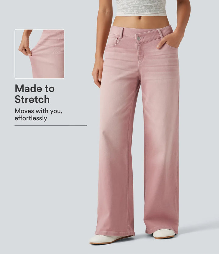 Låg midja asymmetrisk vida ben färgstark vardagsjeans med fickor