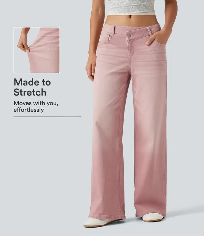 Låg midja asymmetrisk vida ben färgstark vardagsjeans med fickor