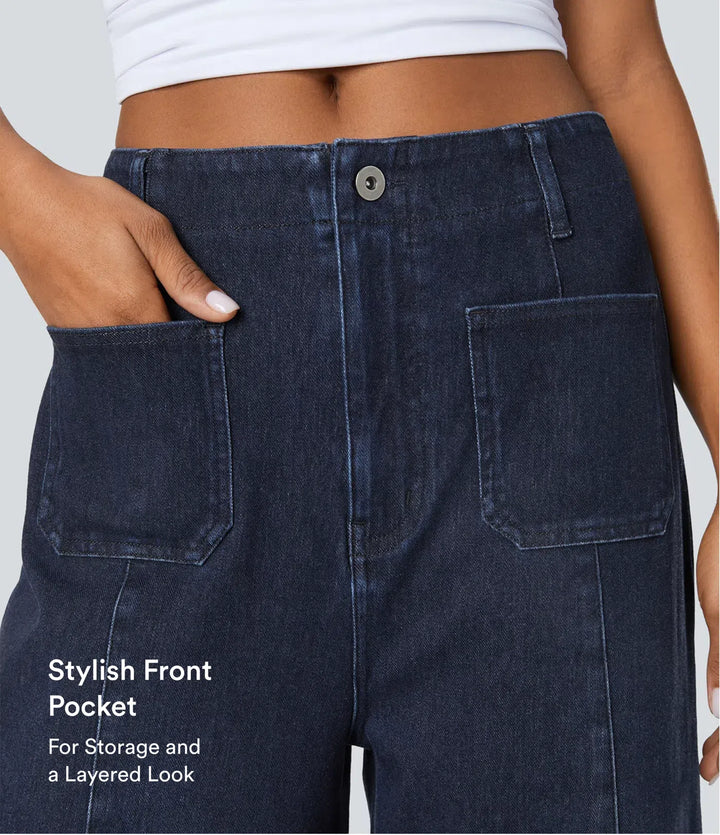 Lyckera Flex högmidjad fickor tvättad vardagsjeans med vida ben