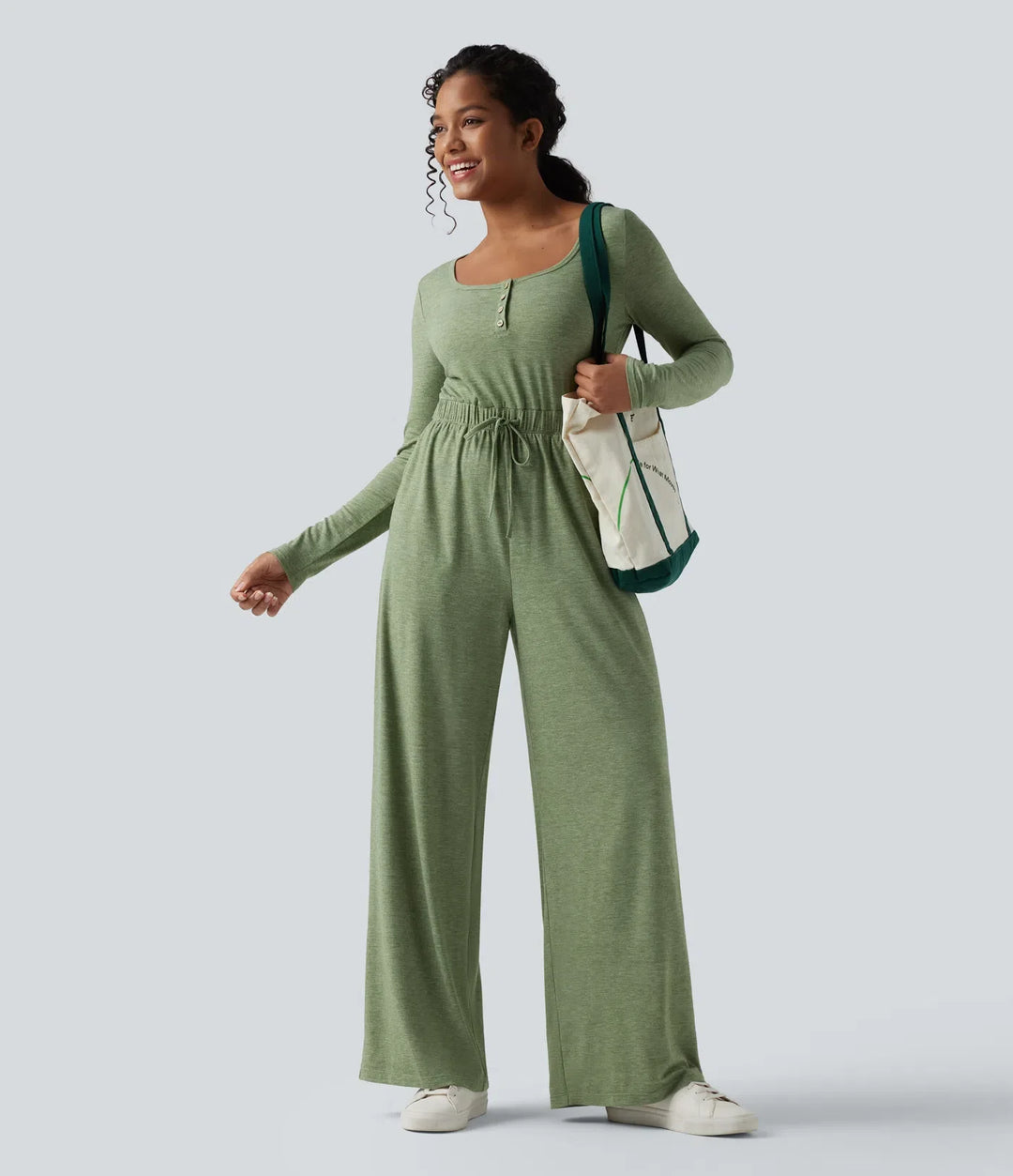 Henley långärmad dragsko melerad vardaglig baggy jumpsuit med fickor-Easy Peezy