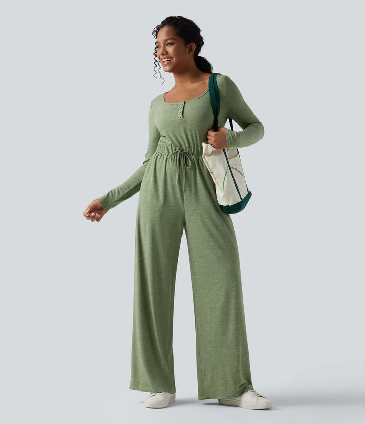 Henley långärmad dragsko melerad vardaglig baggy jumpsuit med fickor-Easy Peezy