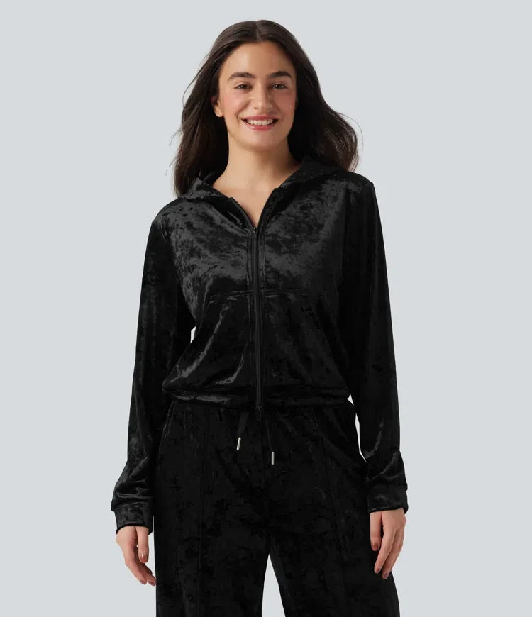 Sammet med huva dragkedjegylf långärmad vardaglig sweatshirt med fickor