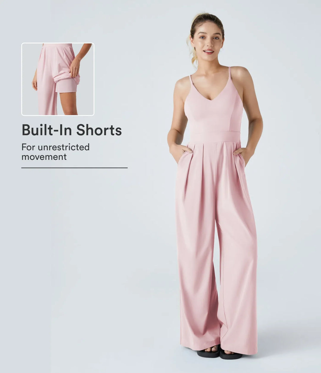 V-ringad rygglös dold dragkedja 2-i-1 vardaglig slip baggy jumpsuit med fickor