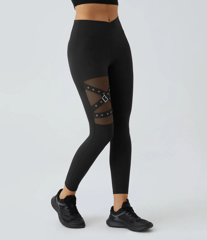 DayStretch högmidjad crossover kontrastmesh dekorativ spänne yogaleggings