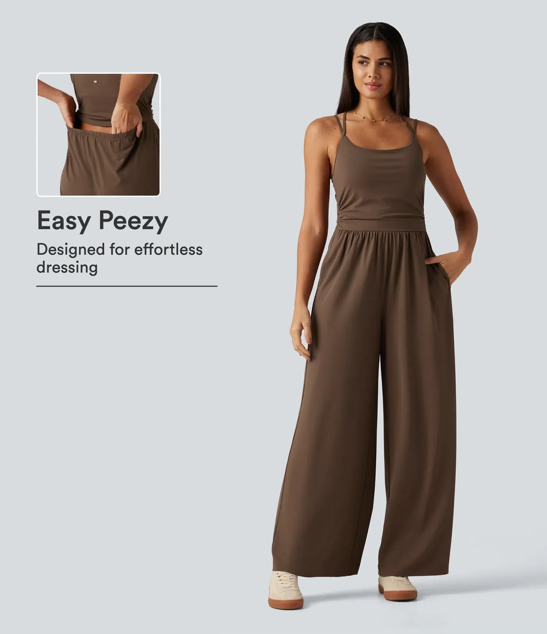 U-ringad ärmlös crossover inbyggd BH vida ben vardaglig jumpsuit med fickor--Easy Peezy
