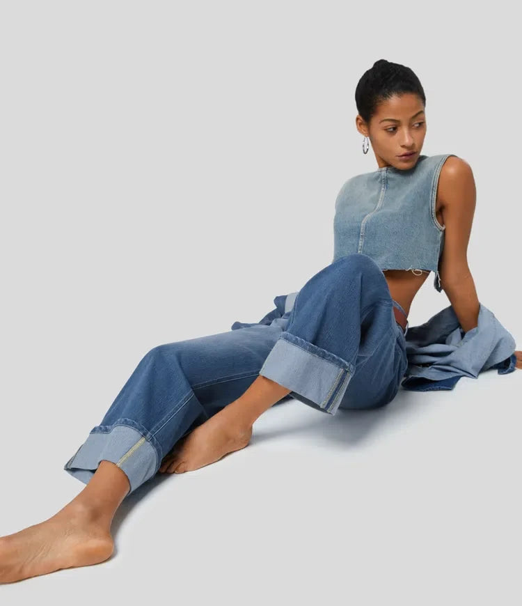 Lyckera Flex högmidjad fickor upprullad fåll vida ben tvättad vardagsjeans
