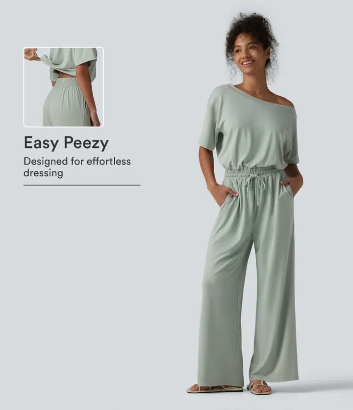Båtringad kortärmad dragsko baggy vardaglig jumpsuit med fickor-Easy Peezy Edition
