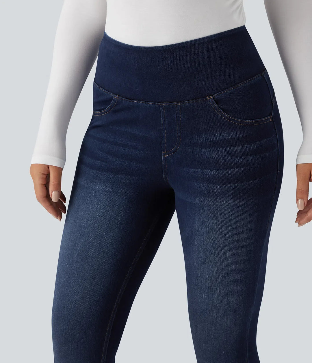 Lyckera Flex högmidjad magkontroll rumplyftande denim vardagsleggings med fickor