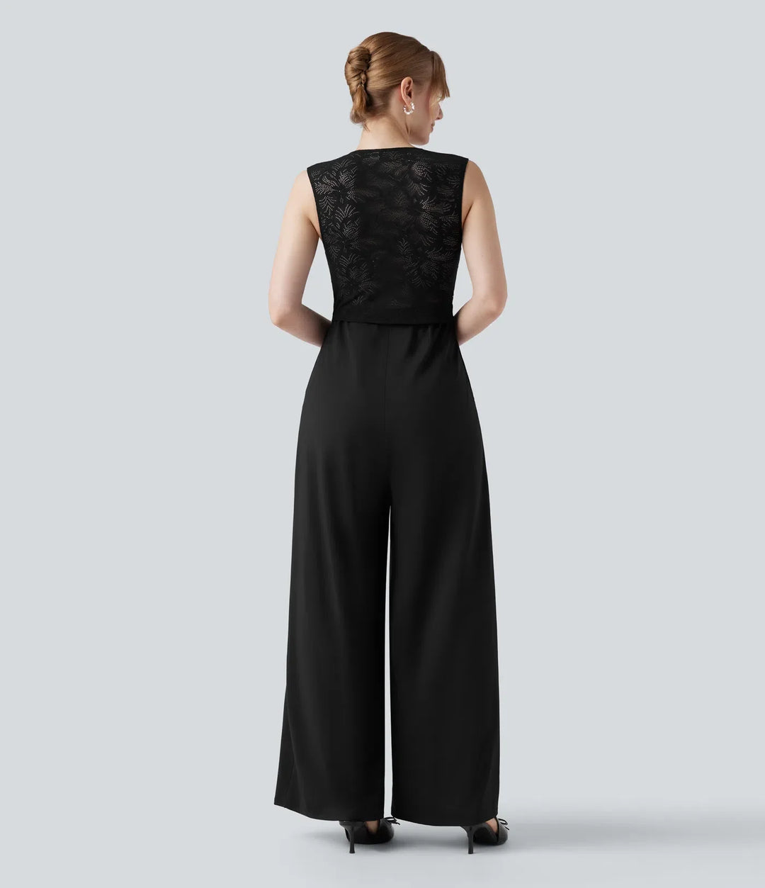 Fyrkantig halsringning ärmlös kontrastspets jumpsuit för brudtärna och bröllopsgäst med fickor-Easy Peezy