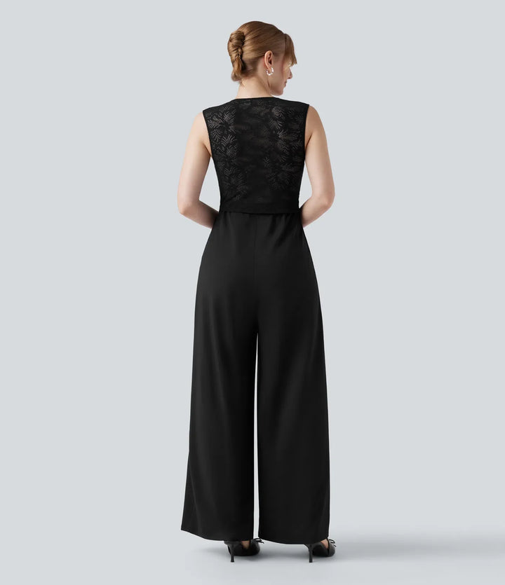 Fyrkantig halsringning ärmlös kontrastspets jumpsuit för brudtärna och bröllopsgäst med fickor-Easy Peezy