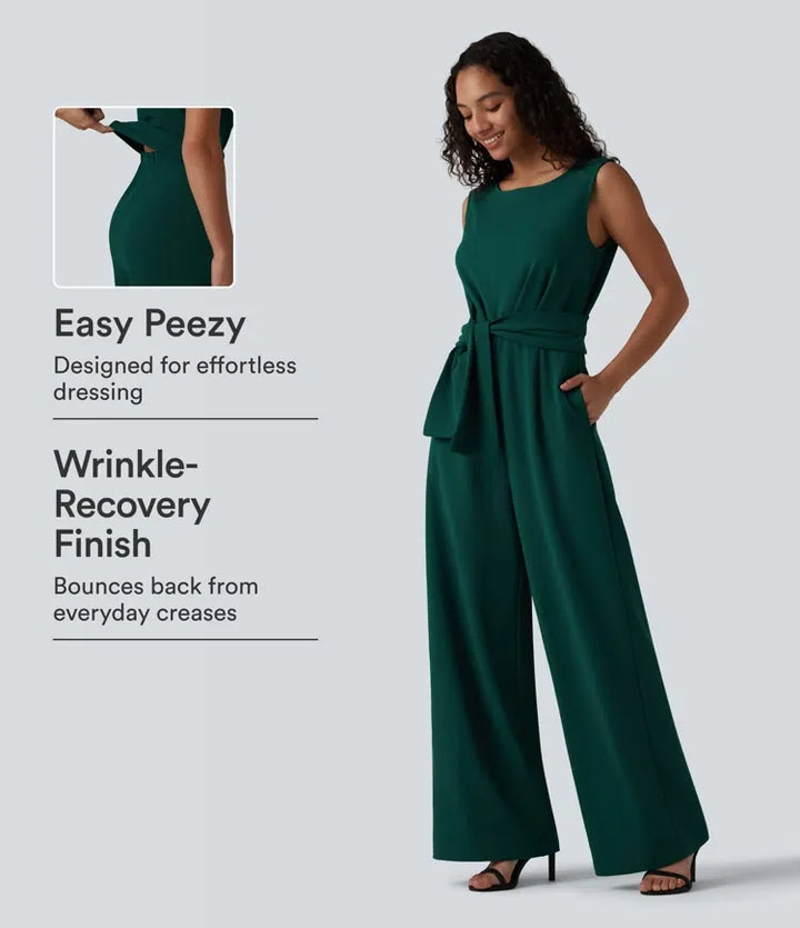 Skrynkeltålig båtringad ärmlös knytning i sidan arbetsjumpsuit med fickor-Easy Peezy