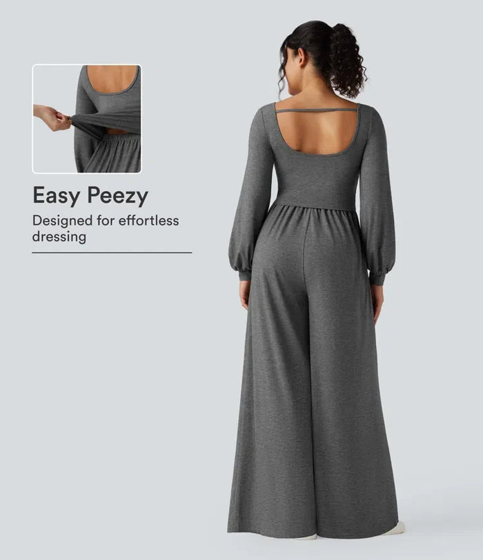 Djup rund halsringning rygglös långärmad melerad vardaglig vida ben jumpsuit med fickor-Easy Peezy