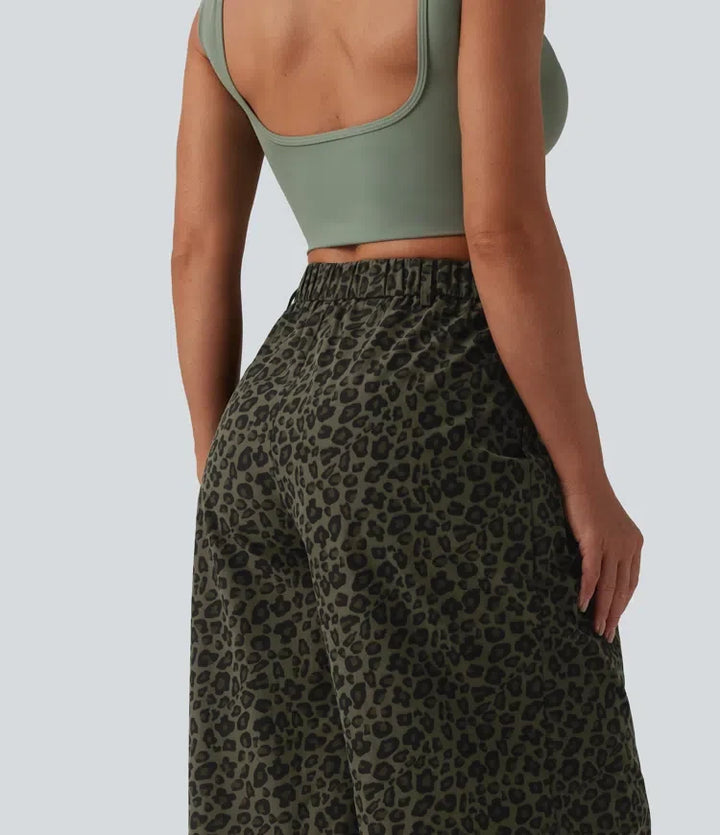 Med medelhög midja vida ben baggy leopardmönstrad vardagsbyxor med fickor