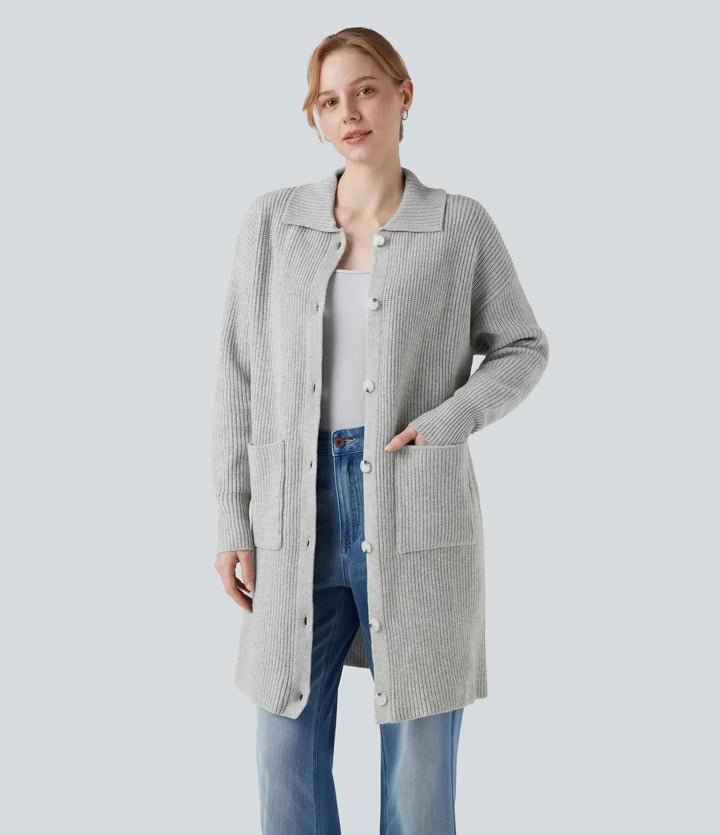Krage långärmad knapp gylf vardaglig lång modell cardigan med fickor