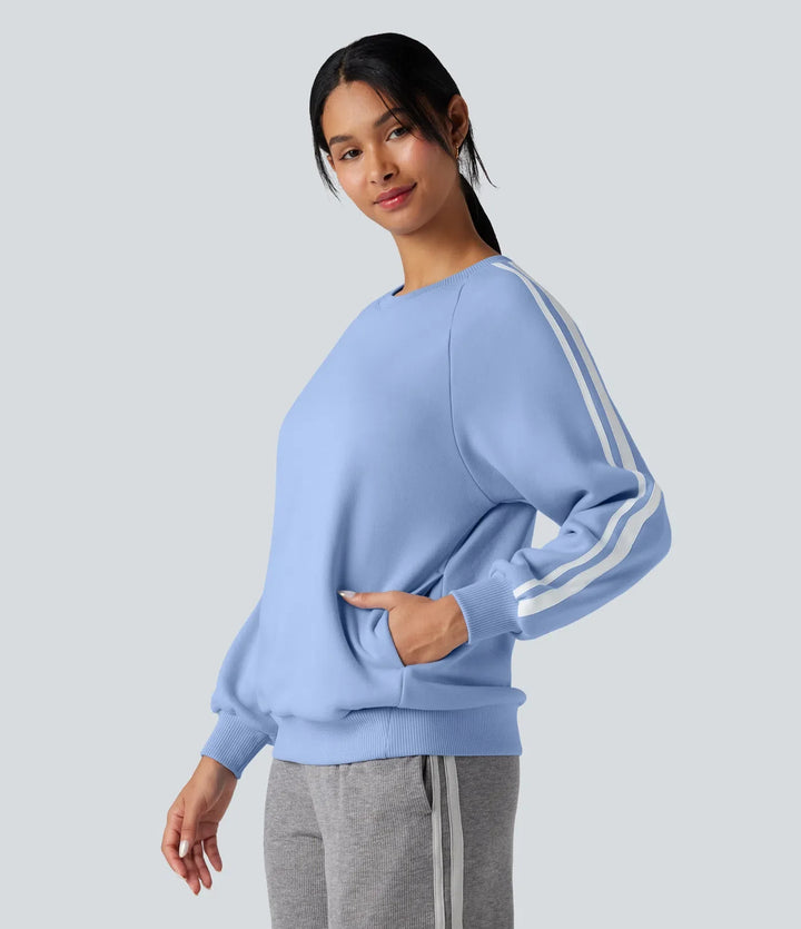 Rund hals långärmad färgblock fleece vardaglig sweatshirt med fickor