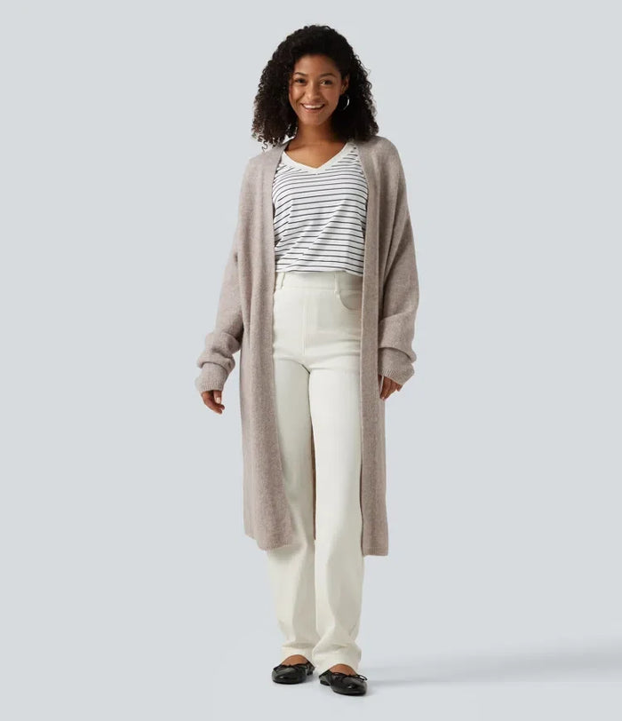 Öppen front nedhasad långärmad lång modell vardaglig cardigan