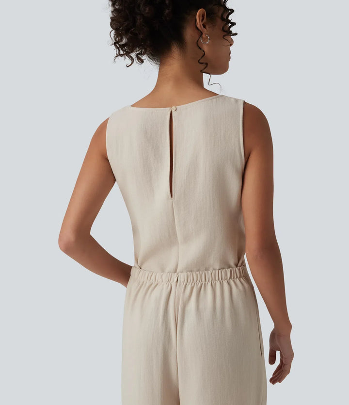 Djup rund halsringning ärmlös knytning fram vardaglig linnekänsla jumpsuit med fickor-Easy Peezy