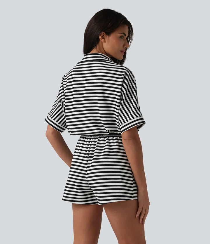 Halvlång ärm bältad randig våffelstruktur vardaglig playsuit med fickor-Easy Peezy Edition