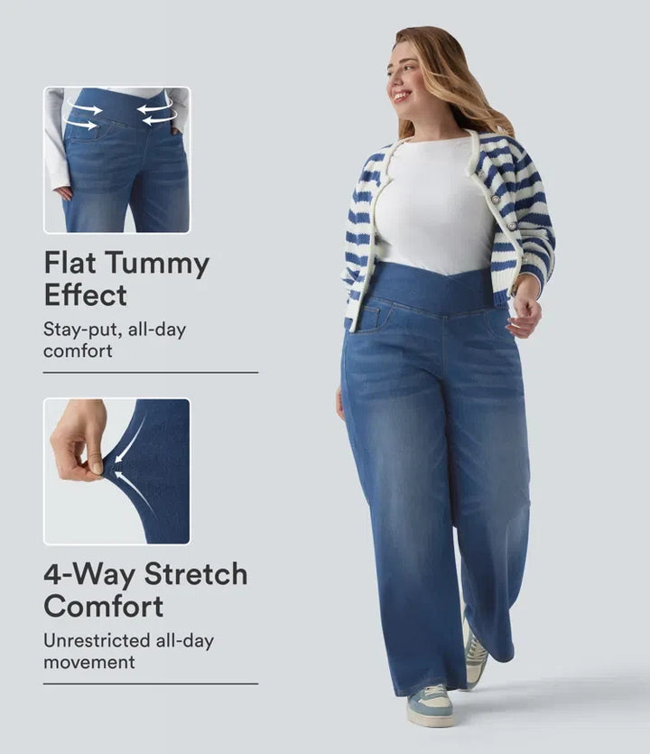 Lyckera Flex crossover högmidjad magkontroll vardaglig raka ben plusstorlek jeans med fickor
